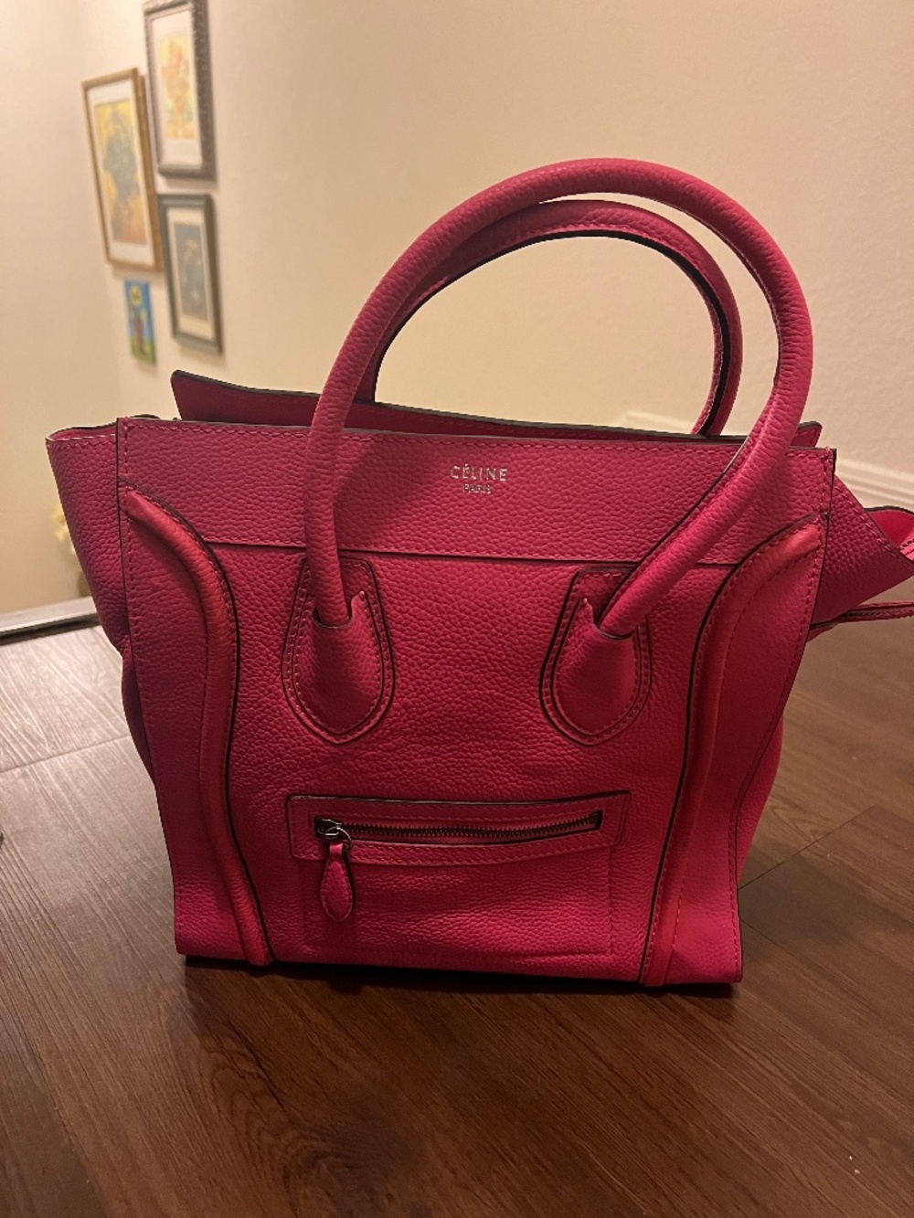 CELINE Drummed Calfskin Mini Luggage Fluo Pink